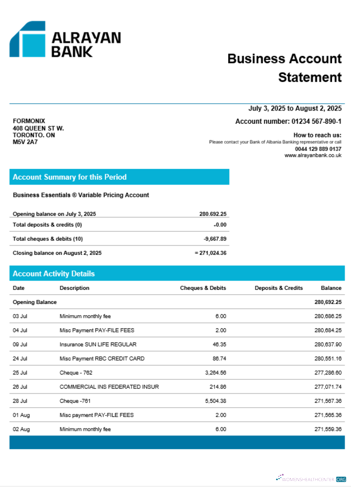 Download United Kingdom Al Rayan organization account statement Word and PDF template Photoshop template